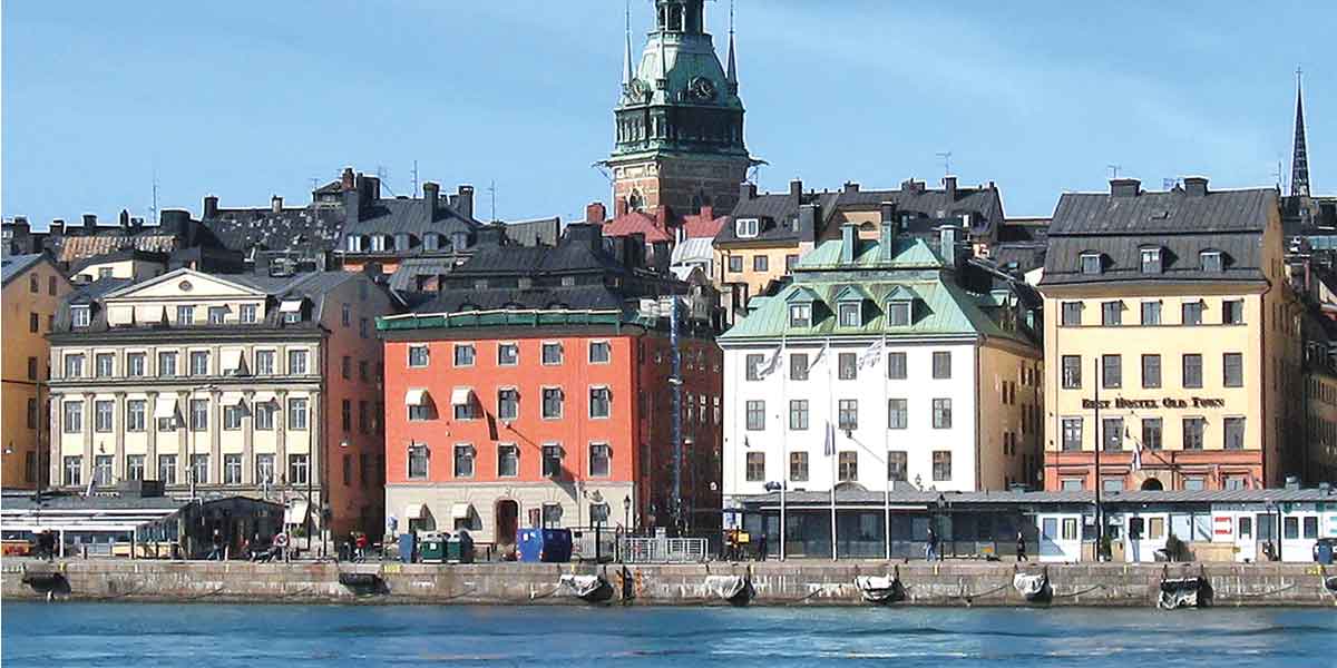Colourful buildings by the water in Stockholm